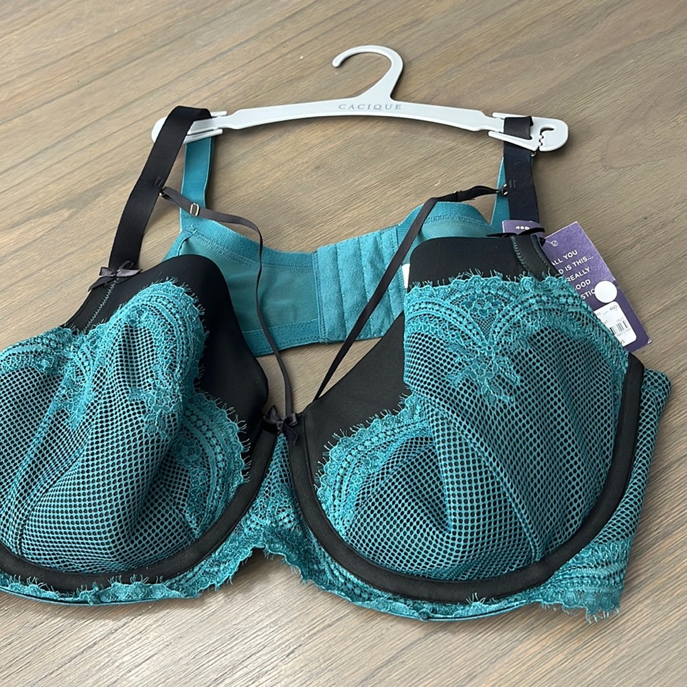 NWT Cacique Lightly Lined Balconnette Teal Lace Underwire Bra Size 46D